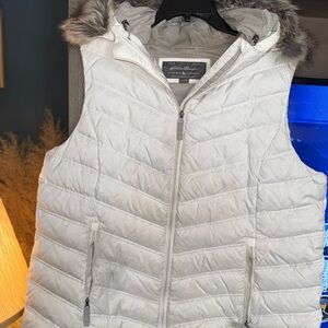 Eddie Bauer Women's Gray Quilted Vest with Faux Fur Hood
